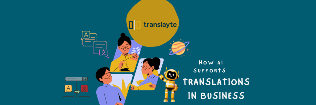 illustration of three people, two women and a man, wearing lab glasses, with translation icons in the background